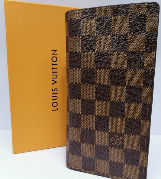 LV Leather Bifold Checkered Long Wallet Brown