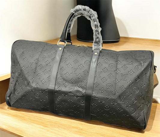 Premium Black Embossed Monogram Travel Duffel Bag