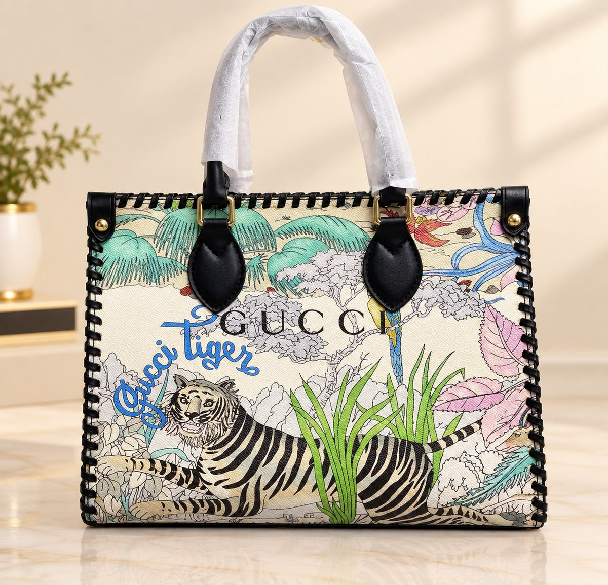 Luxury Floral Print Tote Bag with Top Handles