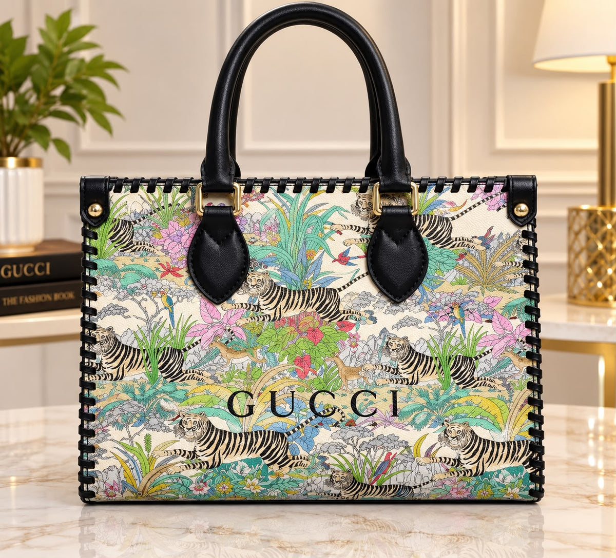 Luxury Floral Print Tote Bag with Top Handles
