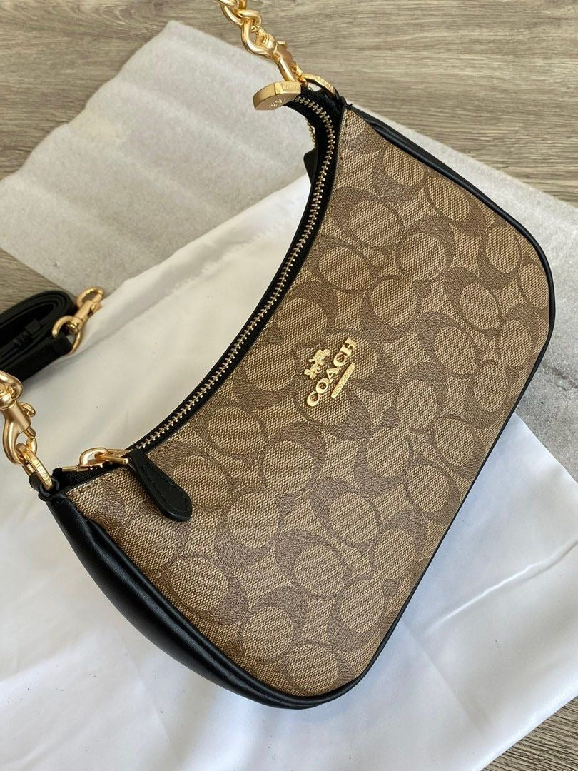 Coach Teri Shoulder Bag Black with Beige Canvas