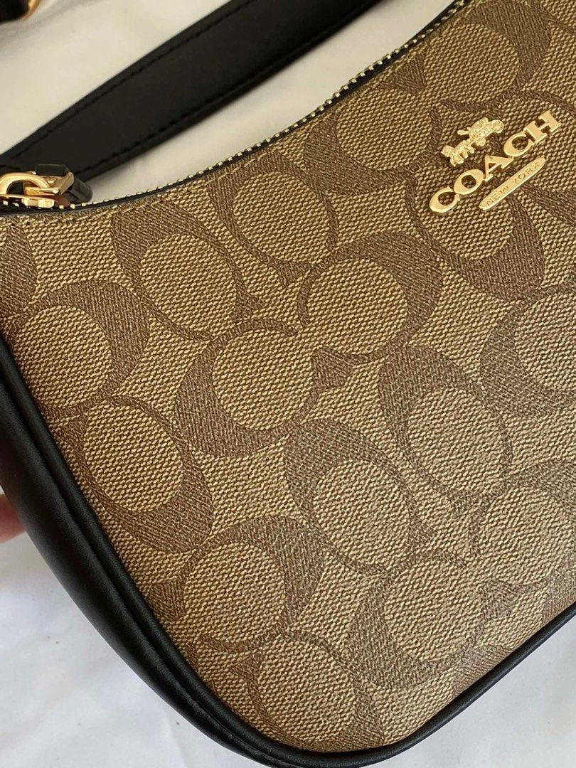 Coach Teri Shoulder Bag Black with Beige Canvas