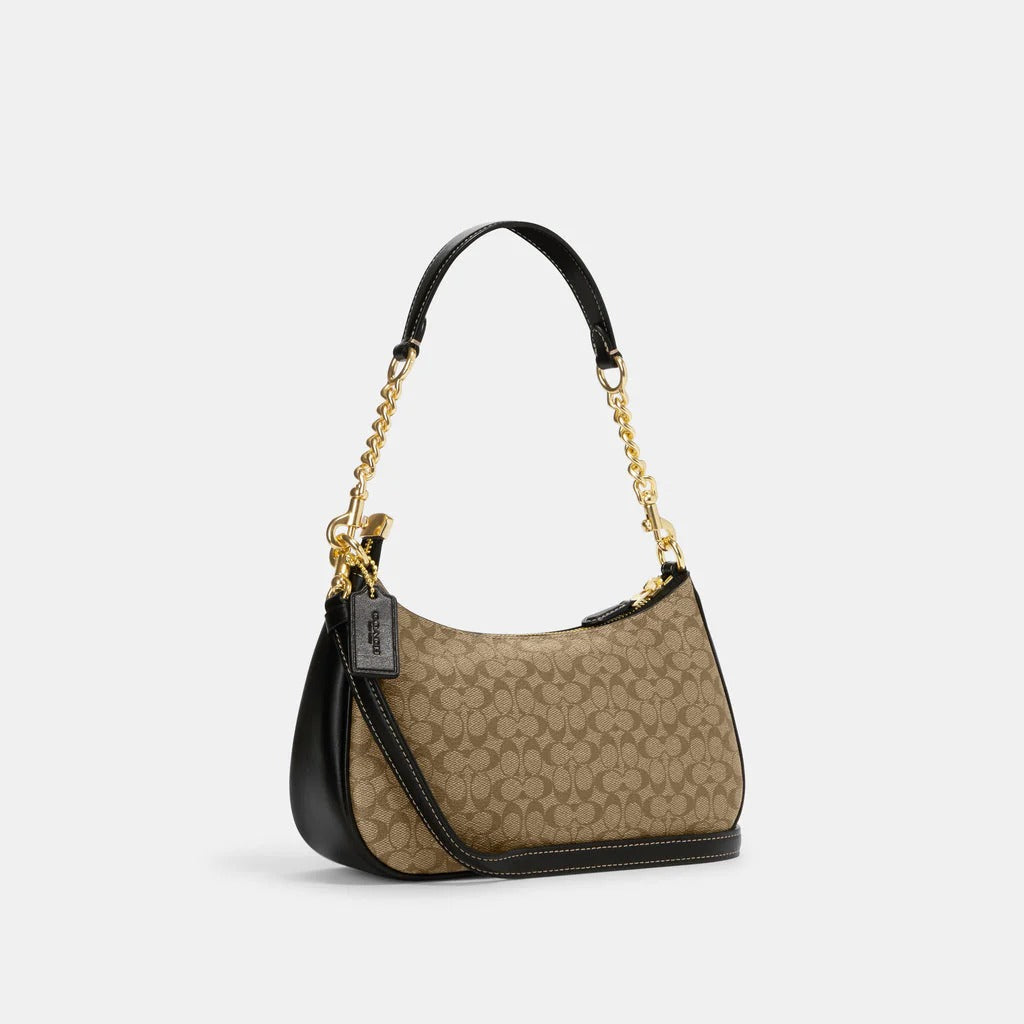 Coach Teri Shoulder Bag Black with Beige Canvas
